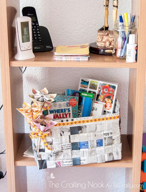 general view of DIY Newspaper basket on a piece of furniture