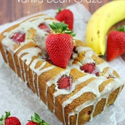 Strawberry Banana Bread with Vanilla Bean Glaze #bananabread #bananabreadrecipe #yummyrecipe ~ The Plaid & Paisley Kitchen ~ www.pandpkitchen.com