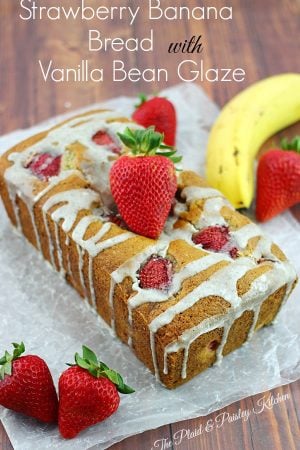 Strawberry Banana Bread with Vanilla Bean Glaze #bananabread #bananabreadrecipe #yummyrecipe ~ The Plaid & Paisley Kitchen ~ www.pandpkitchen.com