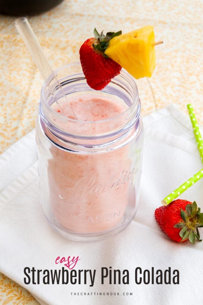 Strawberry Pina Colada Recipe. Feature image with title text overlay