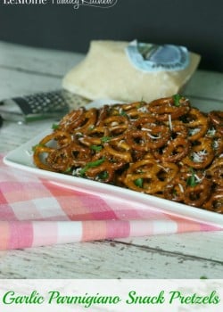 Garlic Parmigiano Snack Pretzels | LeMoine Family Kitchen. A really simple and flavorful way to jazz up snack pretzels. These are party perfect!