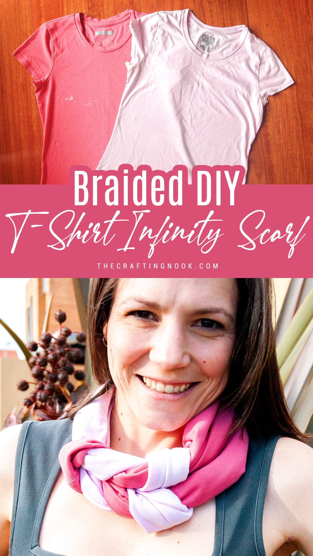 Braided DIY t-shirt infinity scarf. Piterest image with title text overlay