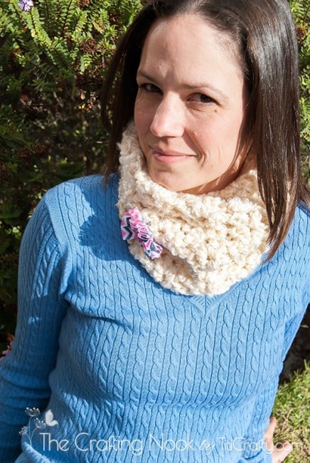 modeling decorated Swell Shell Crochet Cowl image three