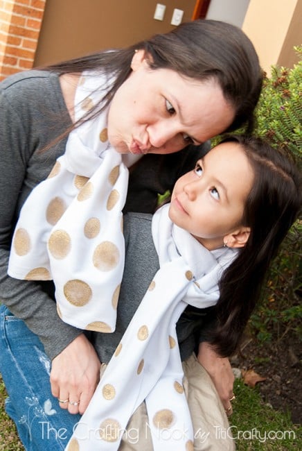 mother and daughter wearing Gold Polka Dots Scarf image 3