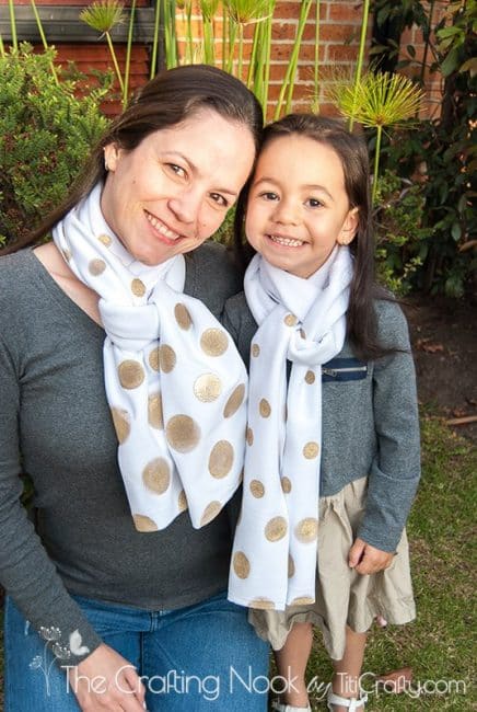 mother and daughter wearing Gold Polka Dots Scarf image 2