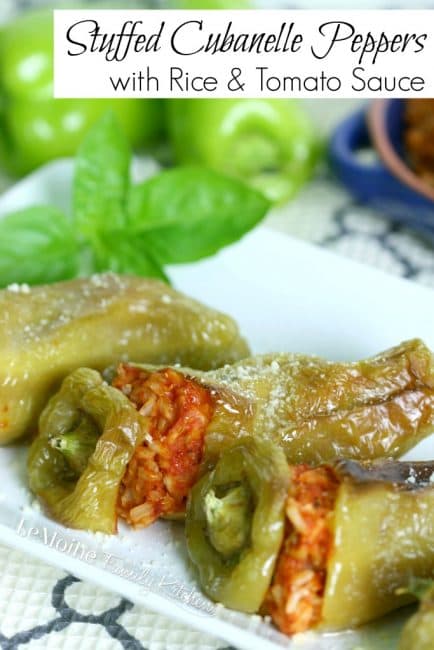 Stuffed Cubanelle Peppers with Rice & Tomato Sauce. Feature image with title text overlay