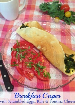 Breakfast Crepes with Scrambled Eggs, Kale & Fontina Cheese | LeMoine Family Kitchen . Incredible dish perfecto for breakfast or brunch. Light crepe stuffed with sautéed kale, melted fontina cheese and some simple scrambled eggs. Perfect way to start your day.