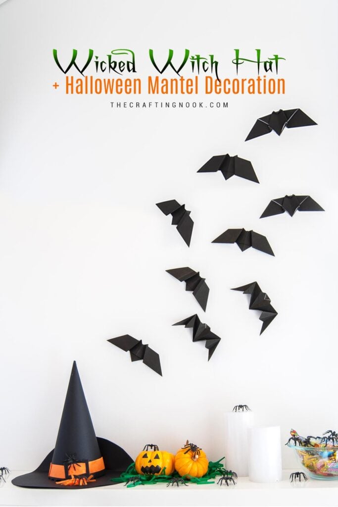 DIY Paper Witch Hat Craft + Halloween Mantel Decoration Cover Image with title text overlay