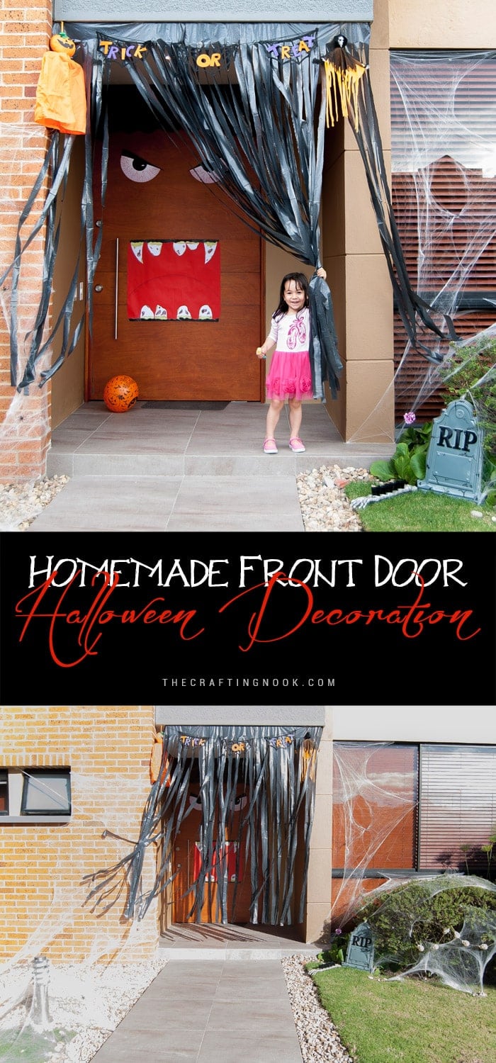 Spooky Homemade Front Door Halloween Decor Pinterest Image with Title Text Overlay