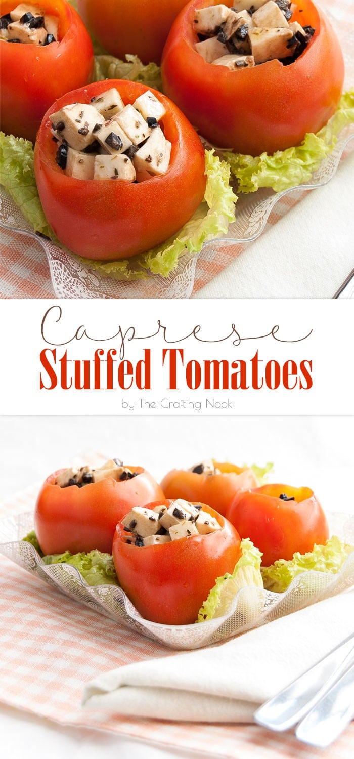 Caprese Stuffed Tomatoes Pinterest image with title text overlay