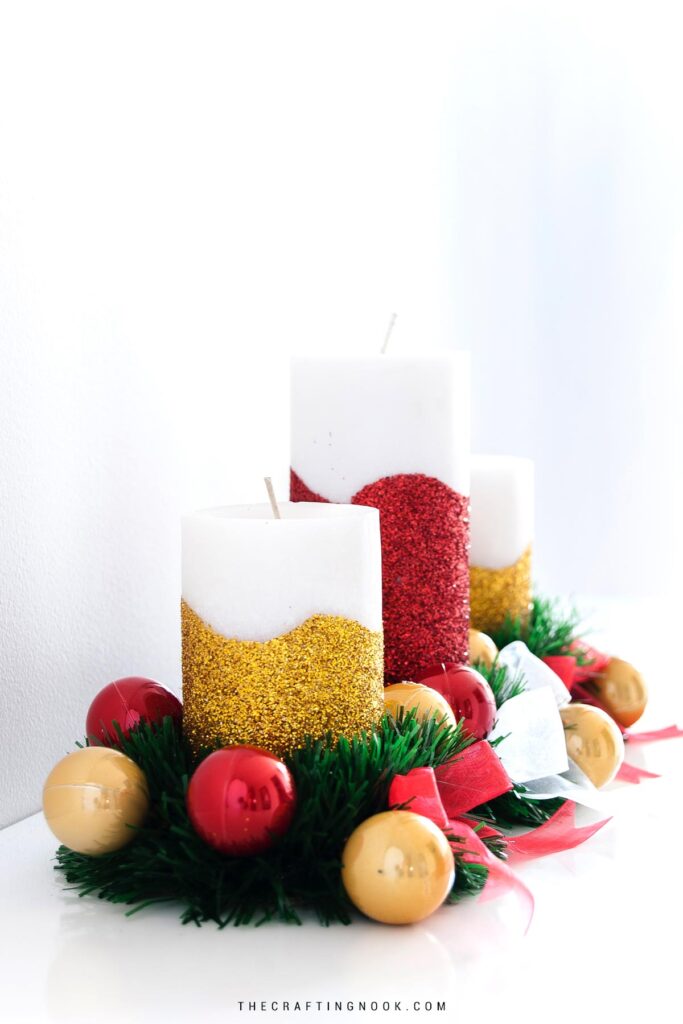 Perpective sided shot of the DIY Glitter Candles placed on a table Cover Image