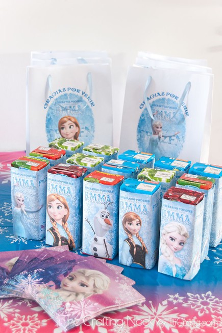 top angled view of children's juice boxes lined with frozen theme
