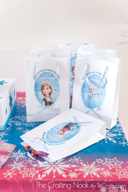 frontal view of Frozen Themed Birthday Party favor bags