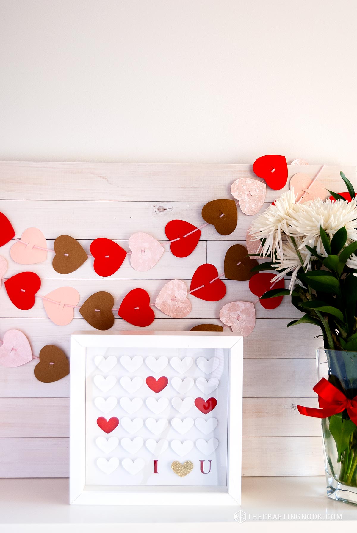 The Cute Paper Heart Shadow Box finished on the mantel