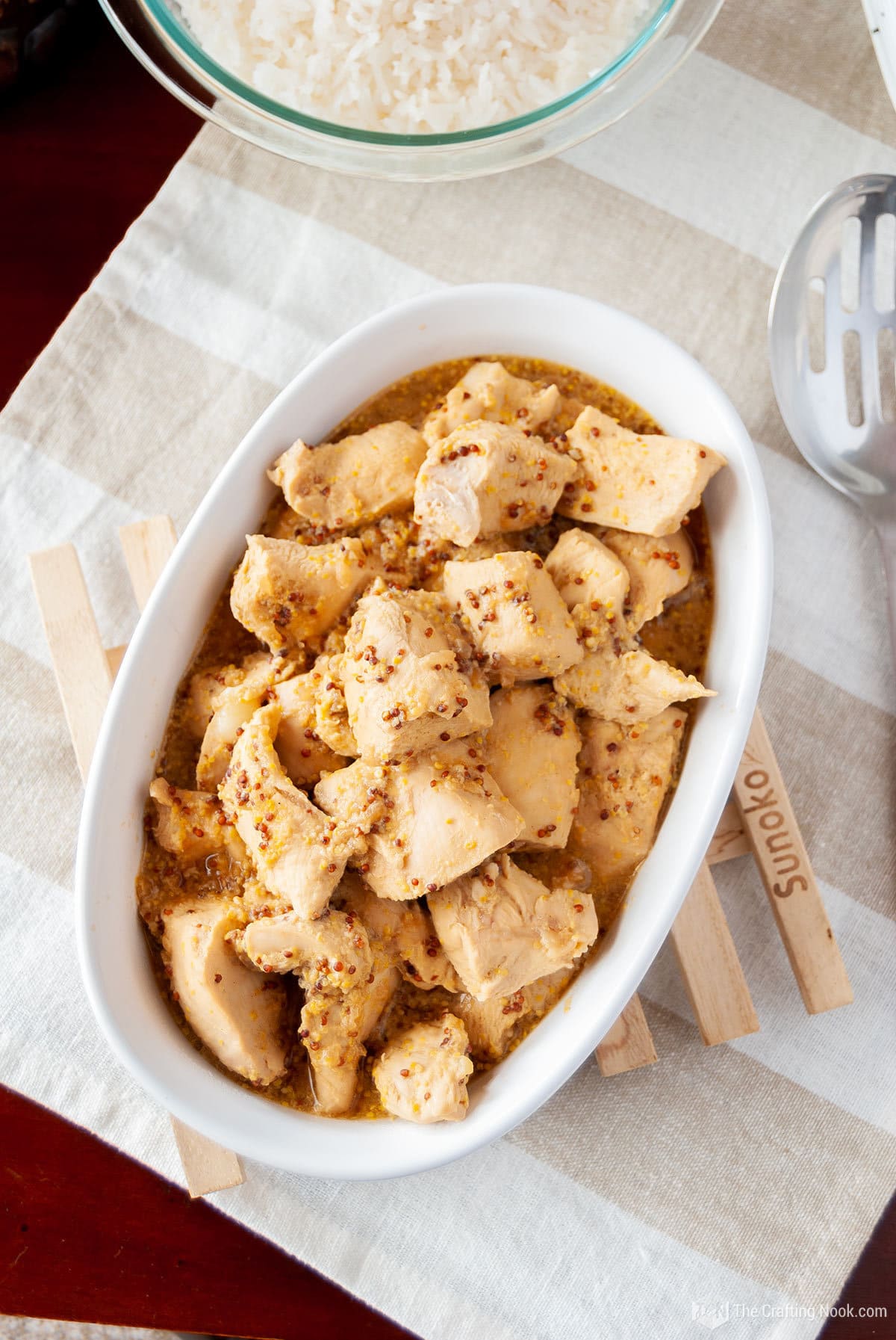 overhead view of the Honey Mustard Chicken Marinade in a ceramic dish