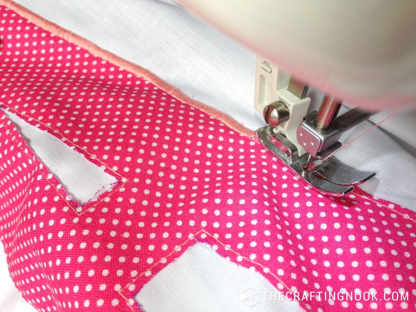 closer view of Using the tightest zigzag stitch that the sewing machine will allow, around the edges.
