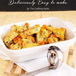 Simple Curry Stewed Chicken served in a ceramic dish on the table. Pinterest image with Title overlay