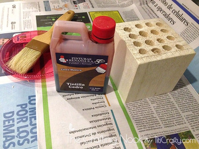 brush, Wood dye and wooden cube with holes