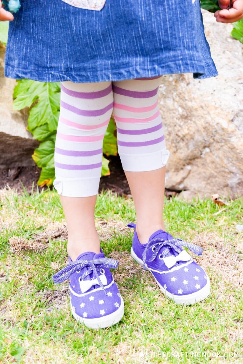 View of legs of girl with wearing the DIY Rhinestone Shoes