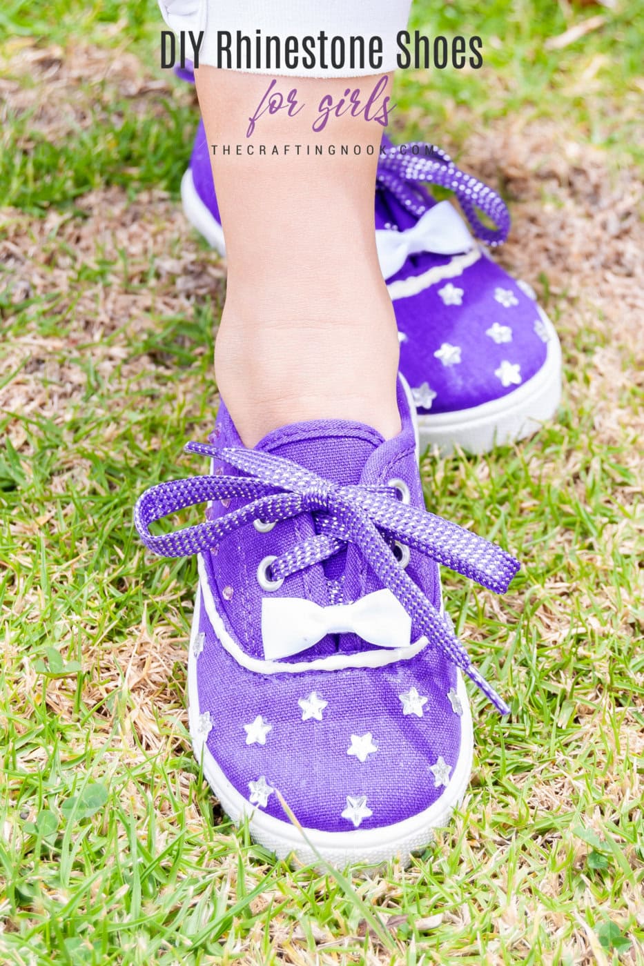 DIY Rhinestone Shoes for Girls decorated with cute rhinestones and ribbon bows. Feature image with title text overlay