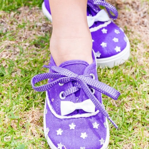 DIY Rhinestone Shoes for Girls decorated with cute rhinestones and ribbon bows. Feature image