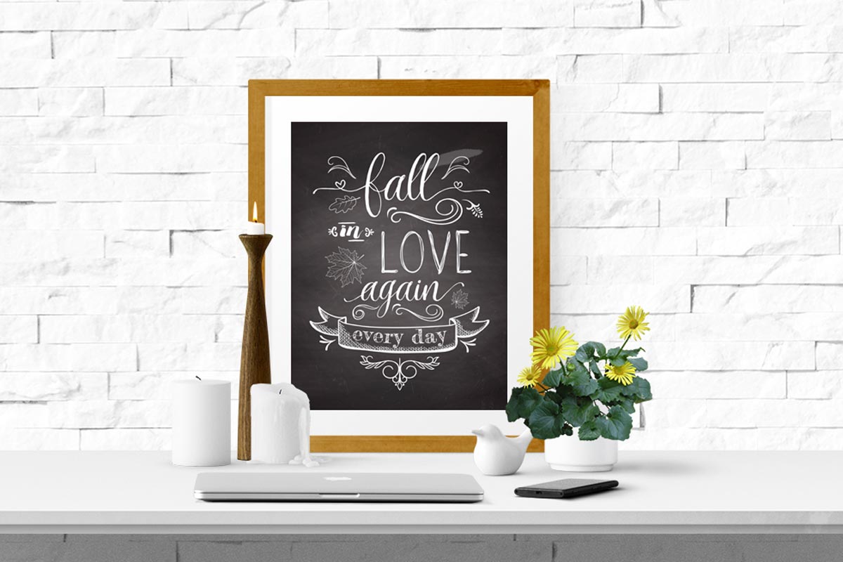 Free Chalkboard Art Fall Printable in a frame on the table