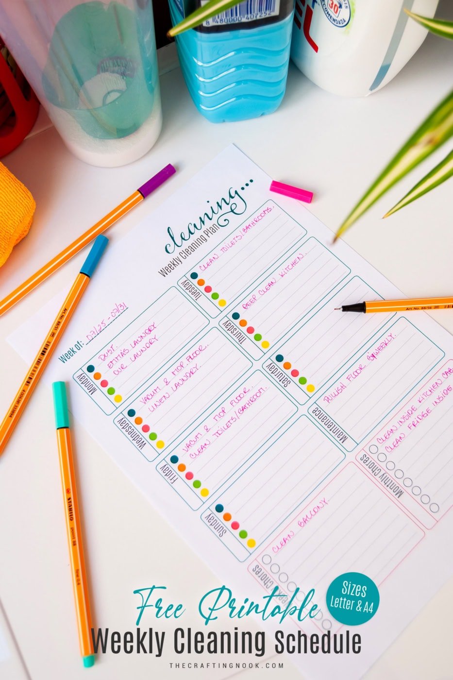 Fun Free Printable Weekly Cleaning Schedule Feature image with title text overlay 