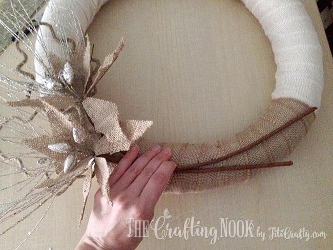 Decorating the rustic Burlap Christmas Wreath