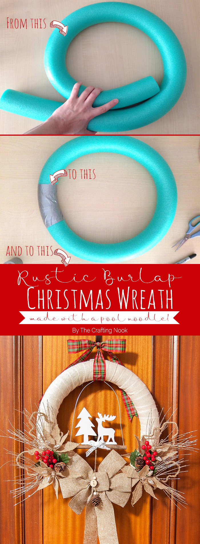 How to make a Rustic Burlap Christmas Wreath out of a pool noodle Pinterest image 1