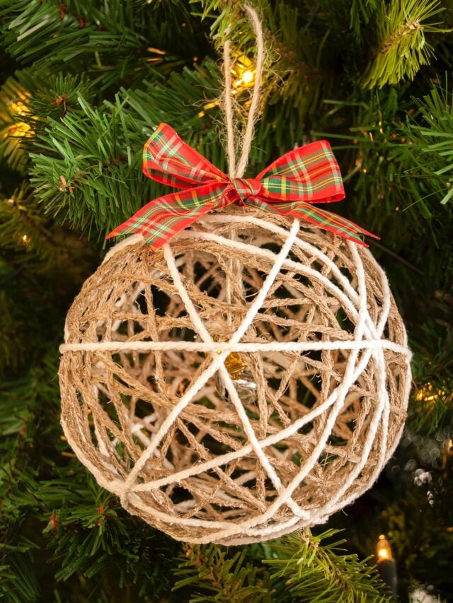 How to Make Twine Ball Christmas Ornament hanging on the christmas tree