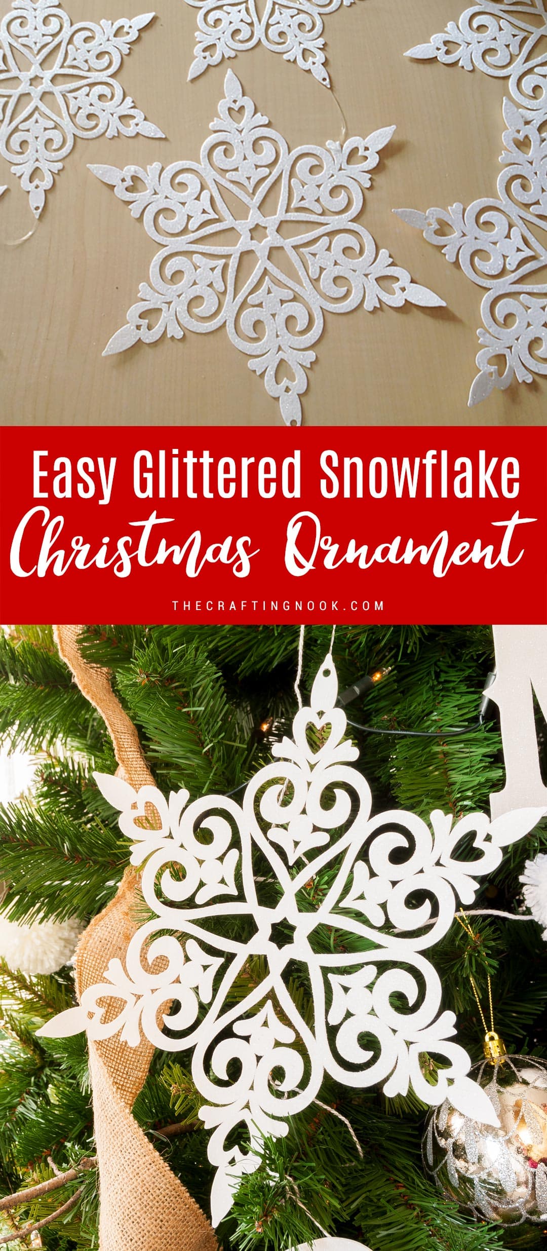 DIY Glittered Snowflake Paper Ornaments for Christmas Pinterest image with Title text Overlay.