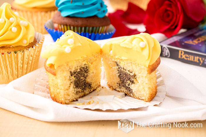 close view of cupcake cut in half and showing its inside
