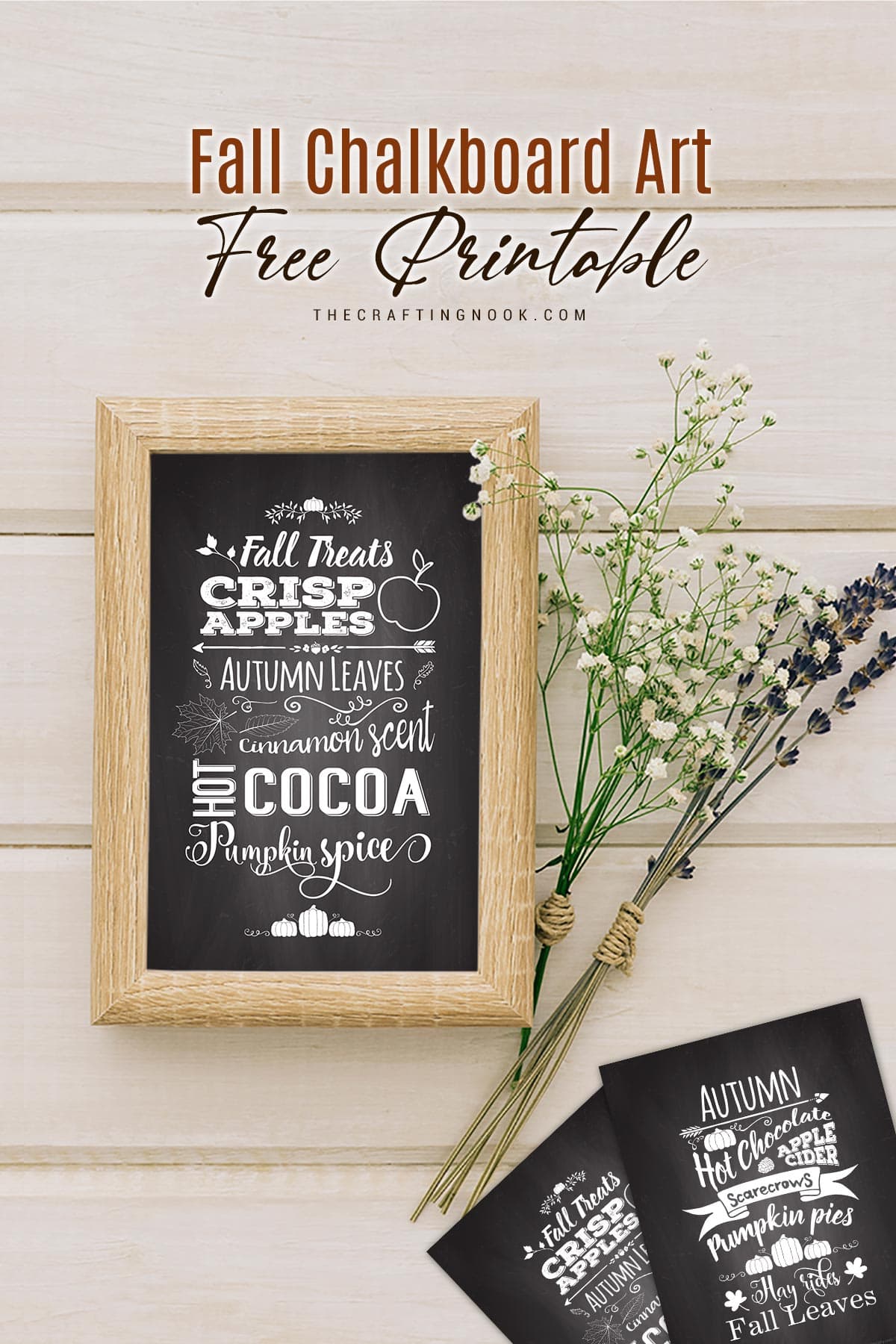 Fall Chalkboard Art Free Printablein a cute wooden frame on a table with some dried greenery cover image with title text overlay