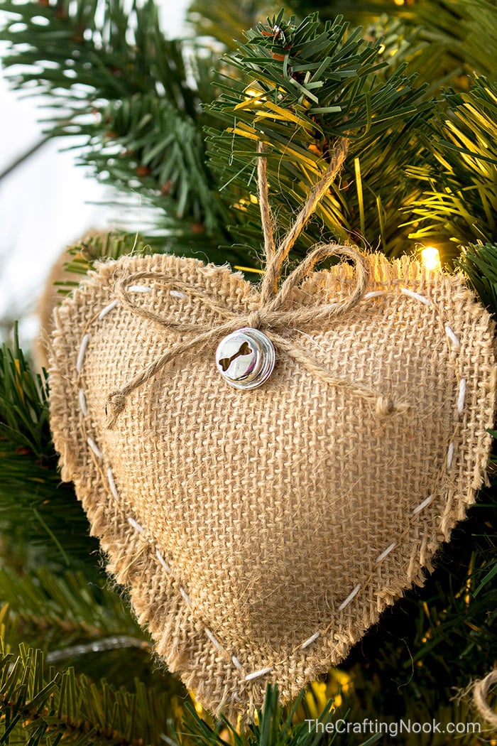 A close view of the rustic heart on christmas tree