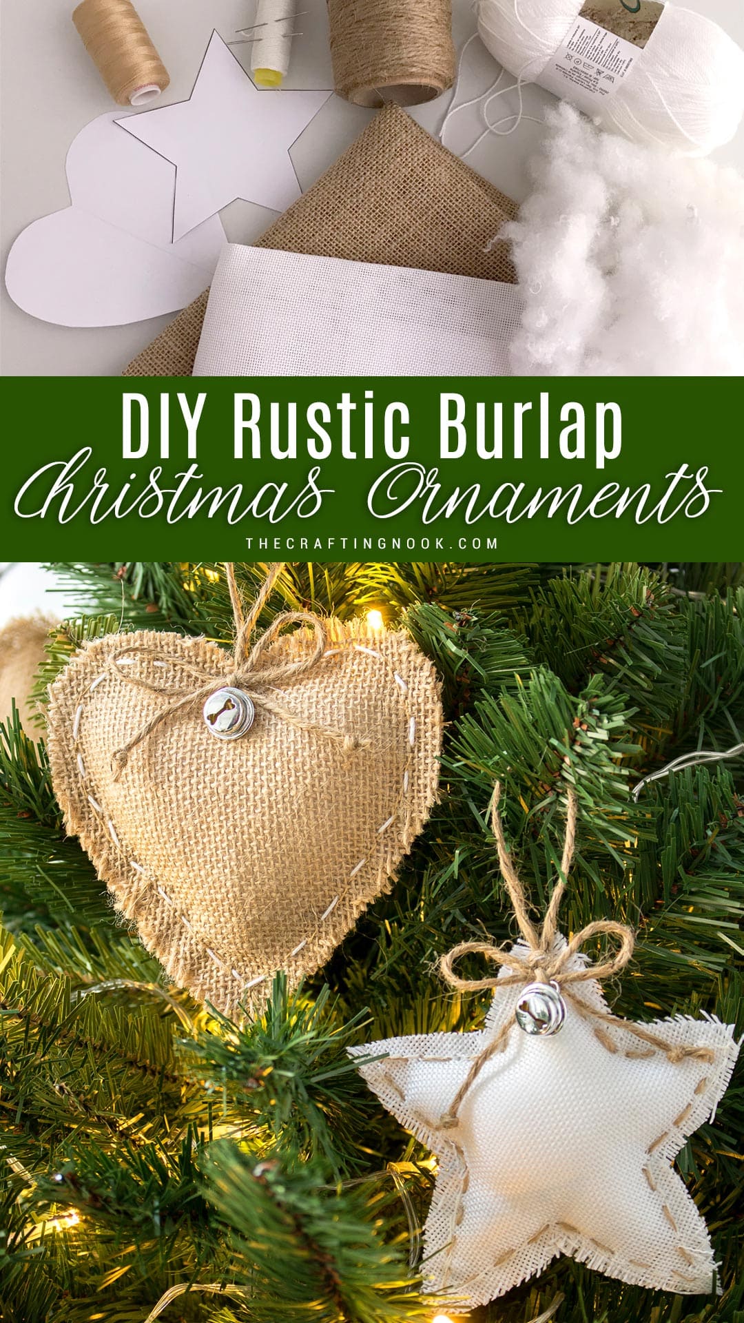 DIY Rustic Burlap Christmas Ornaments Pinterest image with Title text ovrelay