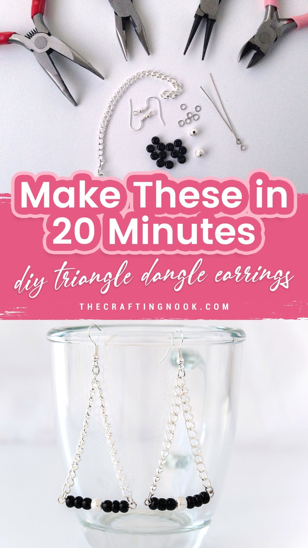 Step-by-step DIY triangle dangle earrings with beads and chain tutorial.