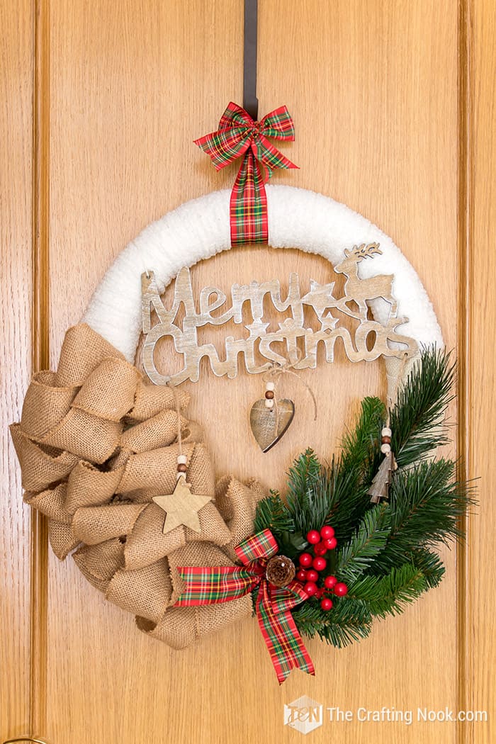 Rustic Burlap Christmas Wreath on door