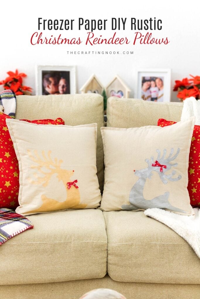 Freezer Paper DIY Reindeer Pillows for Christmas Cover Image with title text overlay