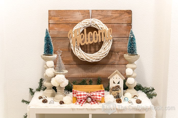 top view of entryway table with decorations