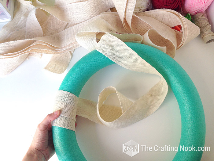  view of wreath foam and beige burlap ribbon