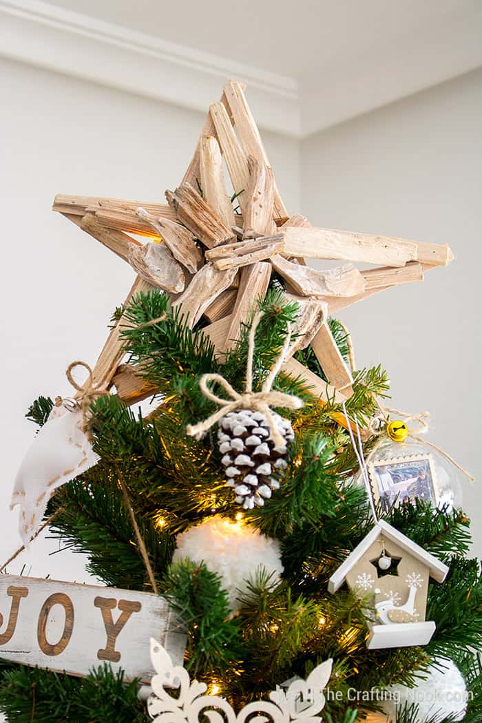 closer view of wooden star on our White Christmas Tree