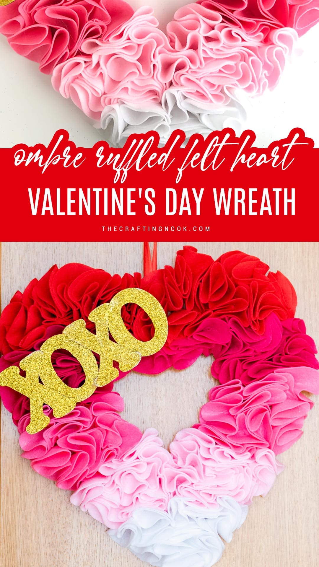 Ombre Pink Felt DIY Valentine Heart Wreath cover Pinterest image with title text overlay