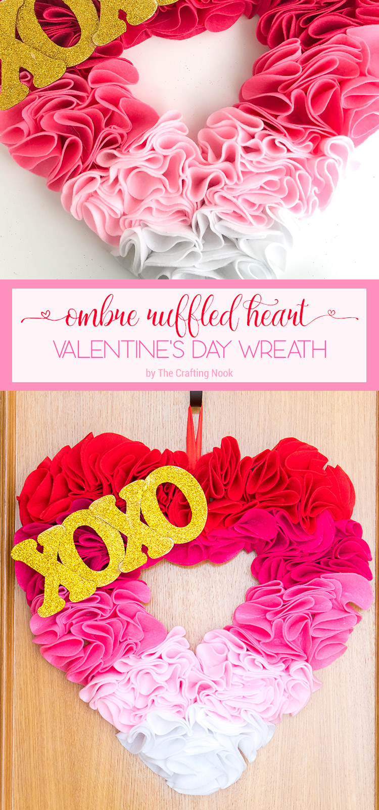 Easy Ombre Ruffled Heart Valentines Day Wreath Image for Pinterest