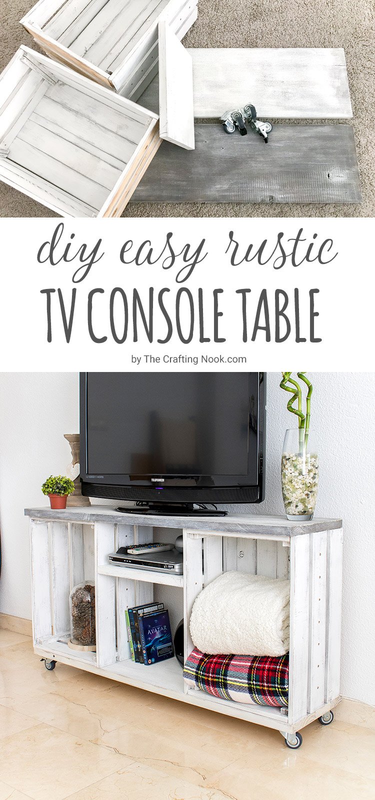 DIY Farmhouse TV Stand image for Pinterest with overlay text.