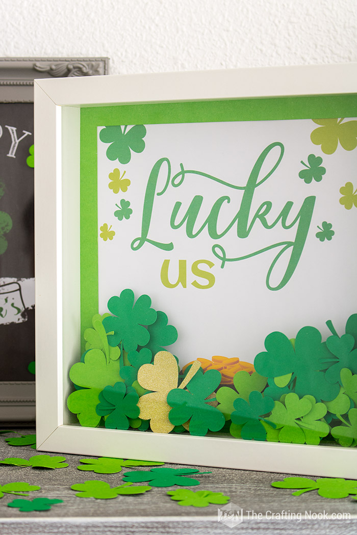 Closeup view of the Hidden Pot of Gold St. Patrick's Day Shadow Box