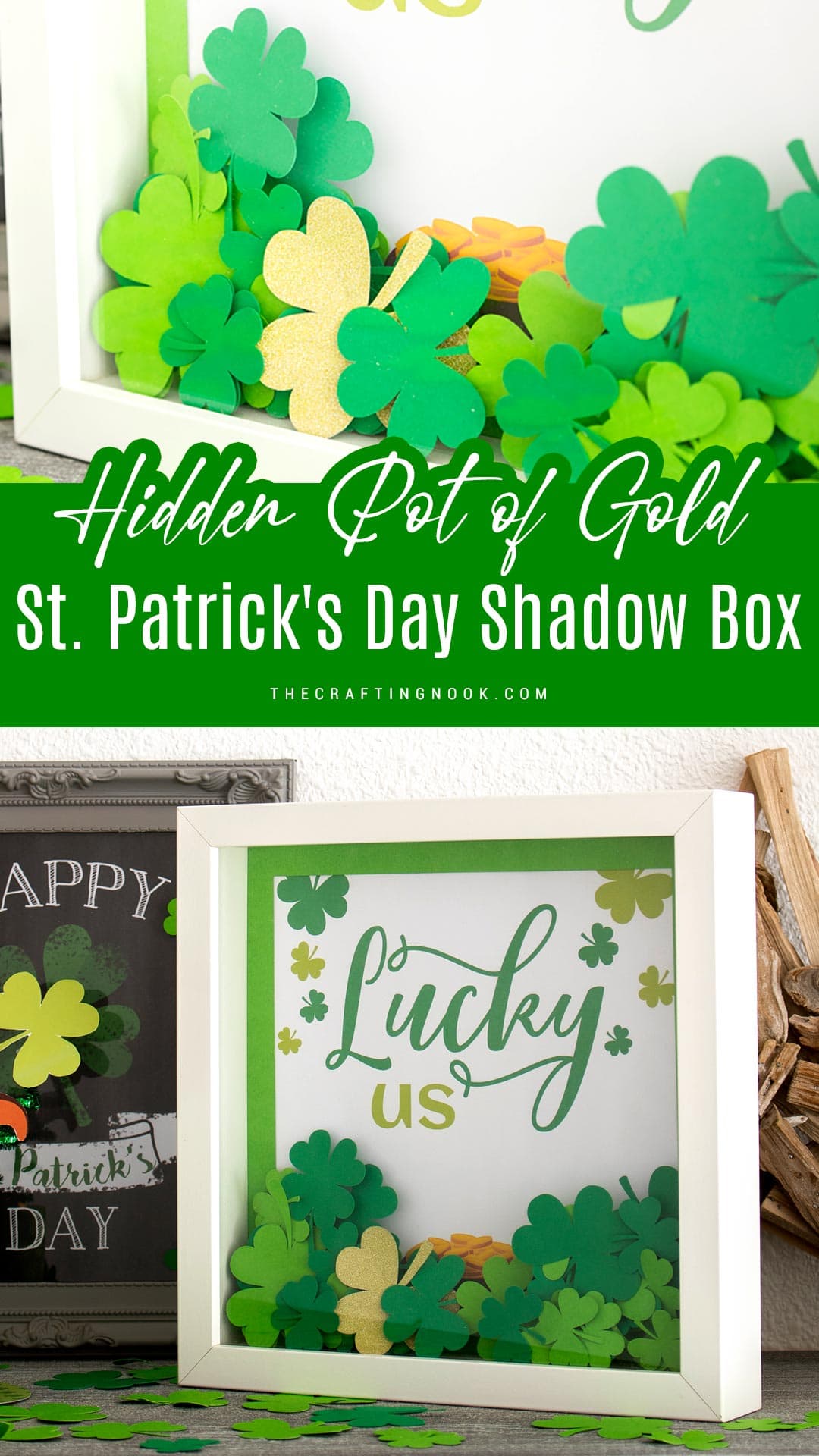 Hidden Pot of Gold St. Patrick's Day Shadow Box Post Pinterest Image with title text overlay