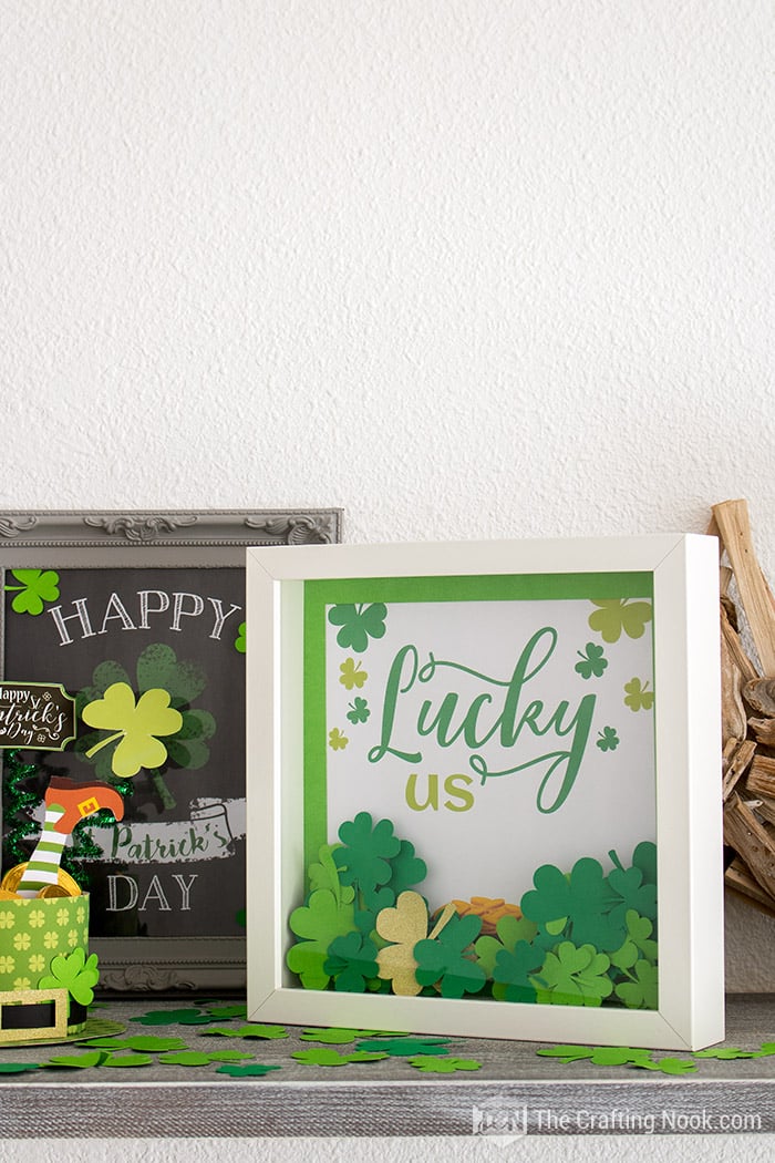 The Hidden Pot of Gold St. Patrick's Day Shadow Box Placed on our mantel