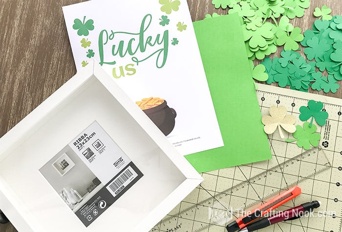 All the supplies needed for the St. Patrick's Day Shadow Box