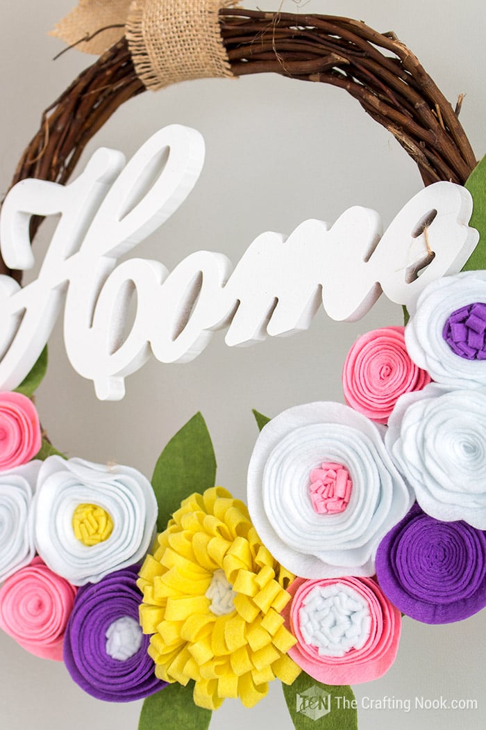 Closeup or the center of the Rustic Spring DIY Felt Flower Wreath