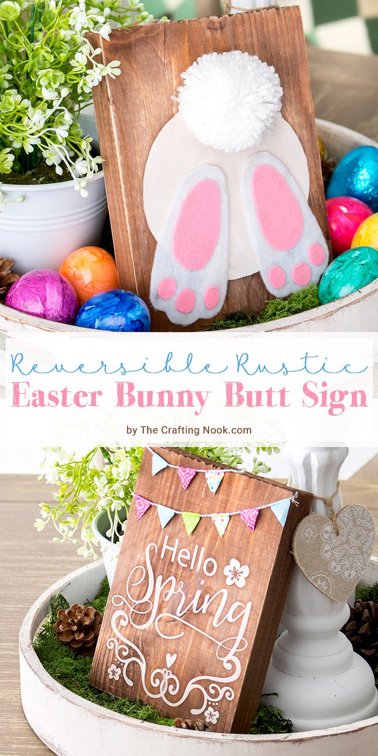 DIY Rustic Reversible wooden easter signs and Hello Spring Feature Pinterest Collage Image with Title Text overlay